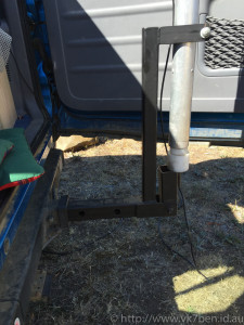 The custom towbar mount. A metal hinge allows the mast to be walked into an upright position