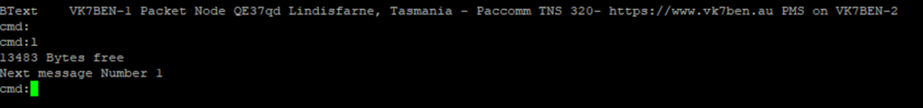 Screenshot of the Paccomm TNC CLI being back online.