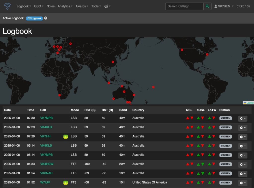 Main Dashboard of Wavelog, depicting a global map showing the last 20 contacts, as well as QSO details